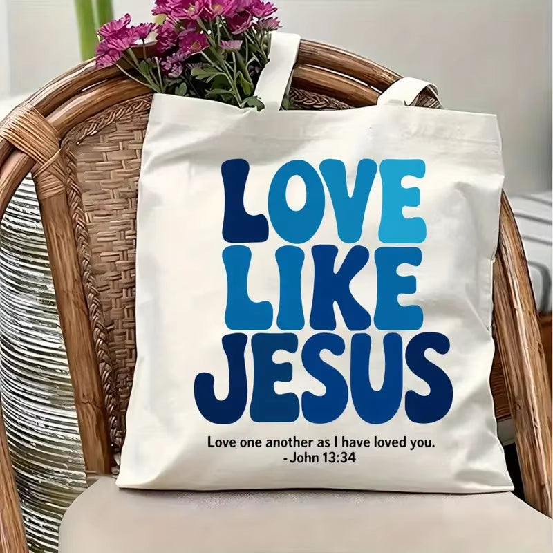 Love like Jesus Tote Bag Reusable Grocery Bag Bold Blue Lettering Tote Bag for Women'S Fashion & Everyday Use, Fashion Tote Bag