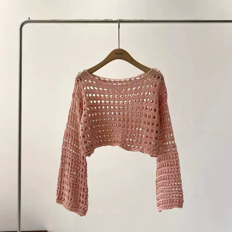 Long Sleeve Crochet Knit Top Summer Beach Bikini Cover up Crop Pullover Wool Knitwear Blouse Women Vacation Boho Outfit